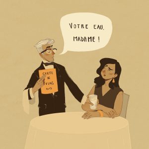 Illustration showing a waiter tending a glass of water -while holding a wine menu- to a female customer who looks annoyed.